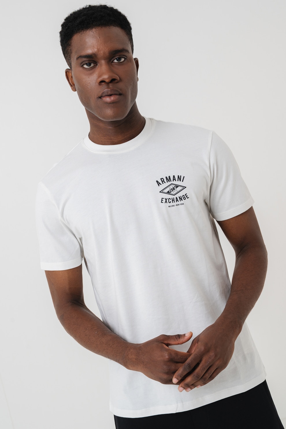 ARMANI EXCHANGE, Tricou cu imprimeu logo si decolteu la baza gatului, Negru, Alb murdar, M