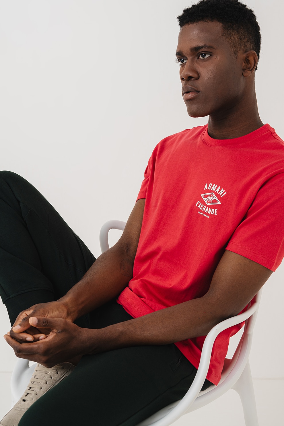 ARMANI EXCHANGE, Tricou cu imprimeu logo si decolteu la baza gatului, Corai, M