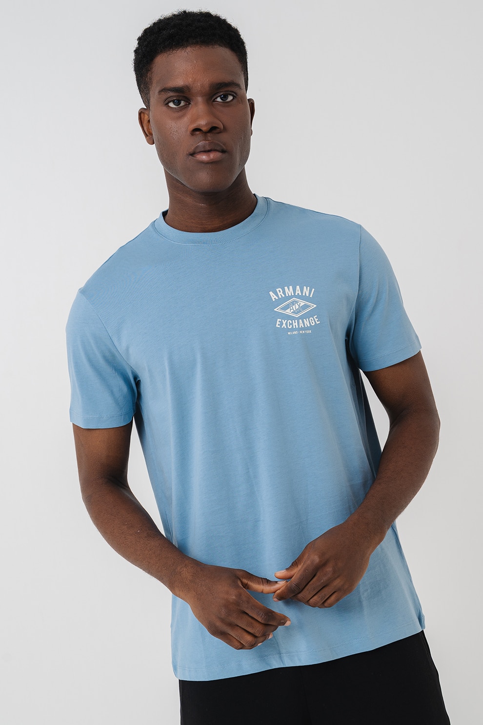 ARMANI EXCHANGE, Tricou cu imprimeu logo si decolteu la baza gatului, Albastru pastel, 2XL