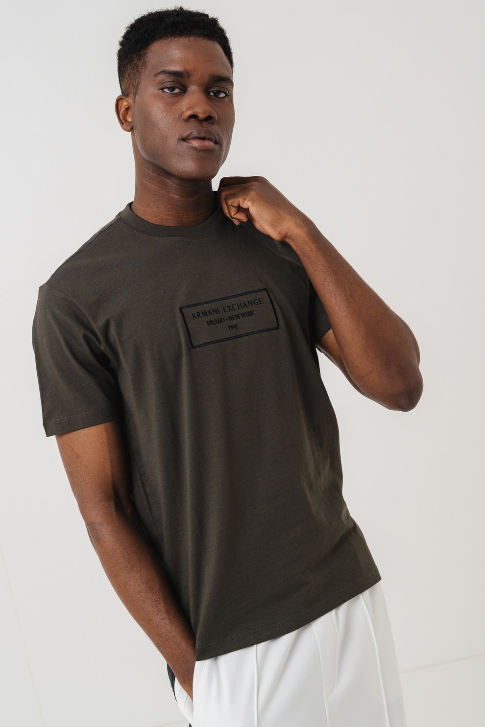 ARMANI EXCHANGE, Tricou regular-fit cu logo brodat, Negru, verde militar prafuit, S