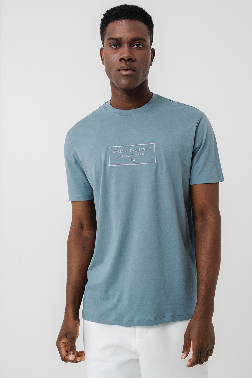 ARMANI EXCHANGE, Tricou regular-fit cu logo brodat, Albastru prafuit, M