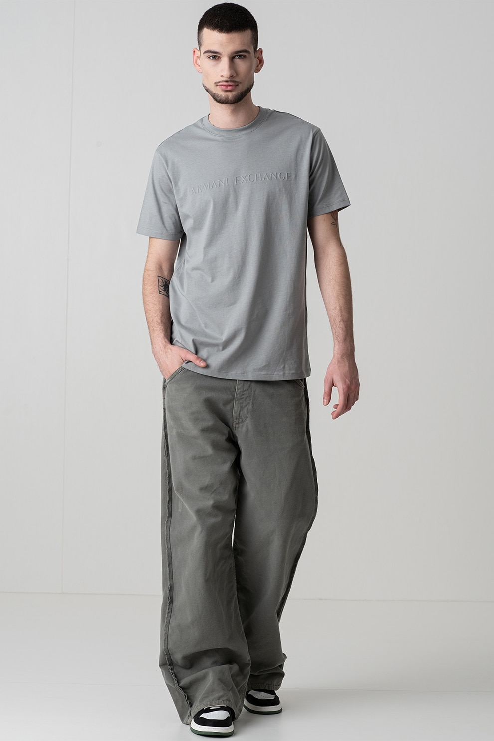 ARMANI EXCHANGE, Tricou din bumbac cu logo in relief, Gri cenusiu, 2XL