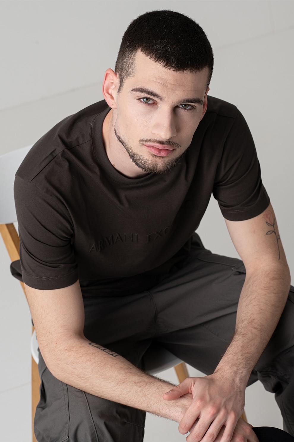 ARMANI EXCHANGE, Tricou din bumbac cu logo in relief, Verde inchis, S