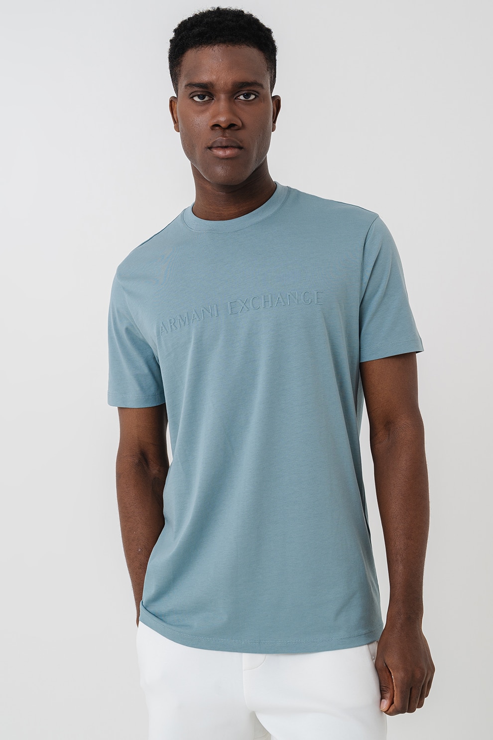 ARMANI EXCHANGE, Tricou din bumbac cu logo in relief, Albastru prafuit, 2XL