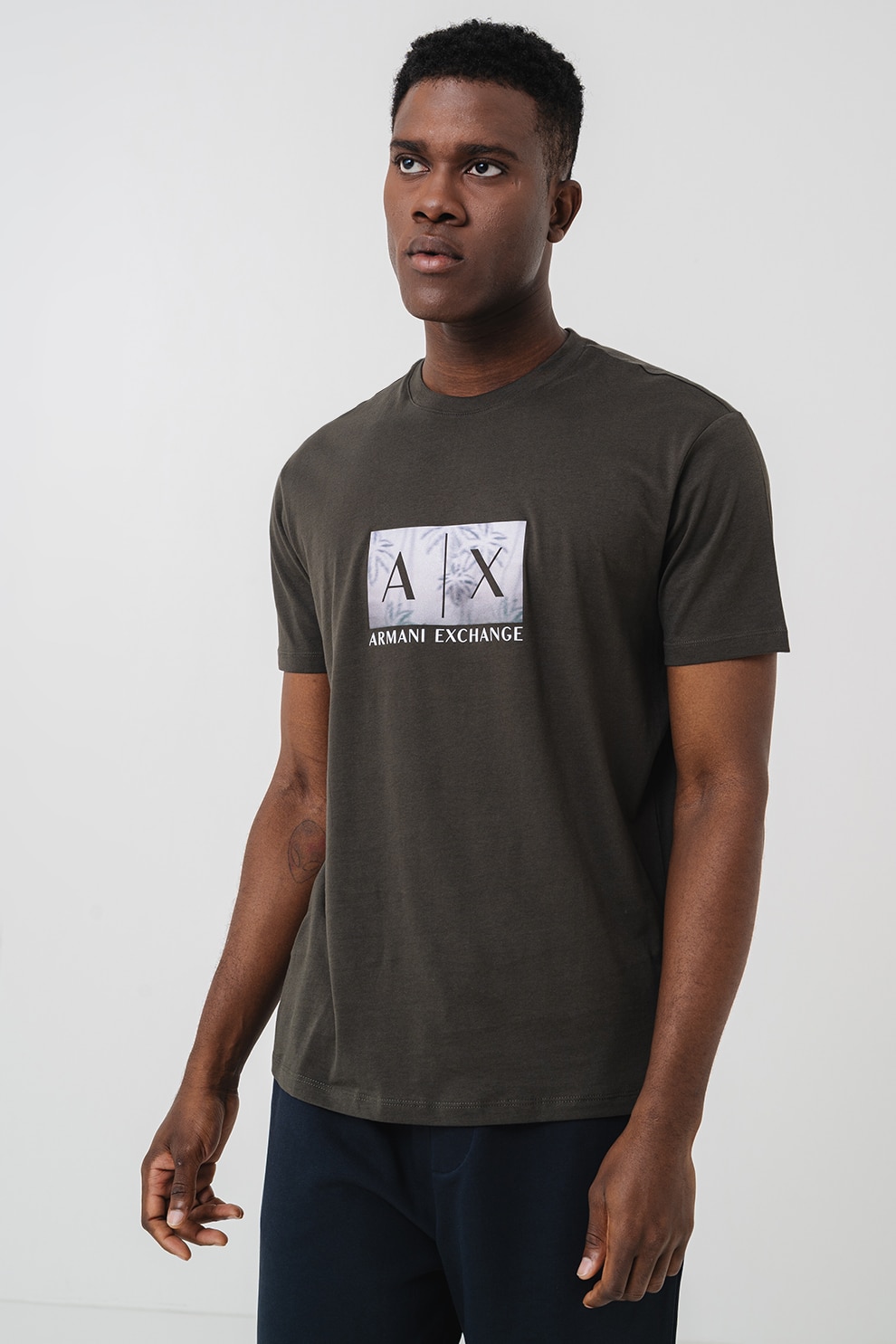ARMANI EXCHANGE, Tricou din bumbac cu imprimeu logo, verde militar inchis, M