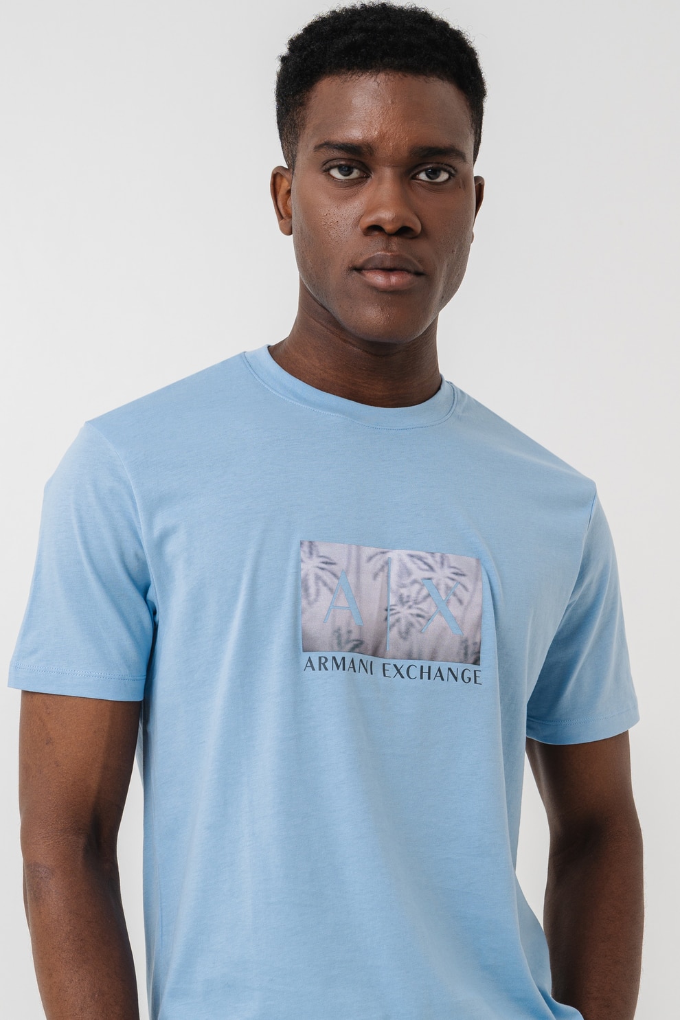 ARMANI EXCHANGE, Tricou din bumbac cu imprimeu logo, Albastru pastel, Grej, XL