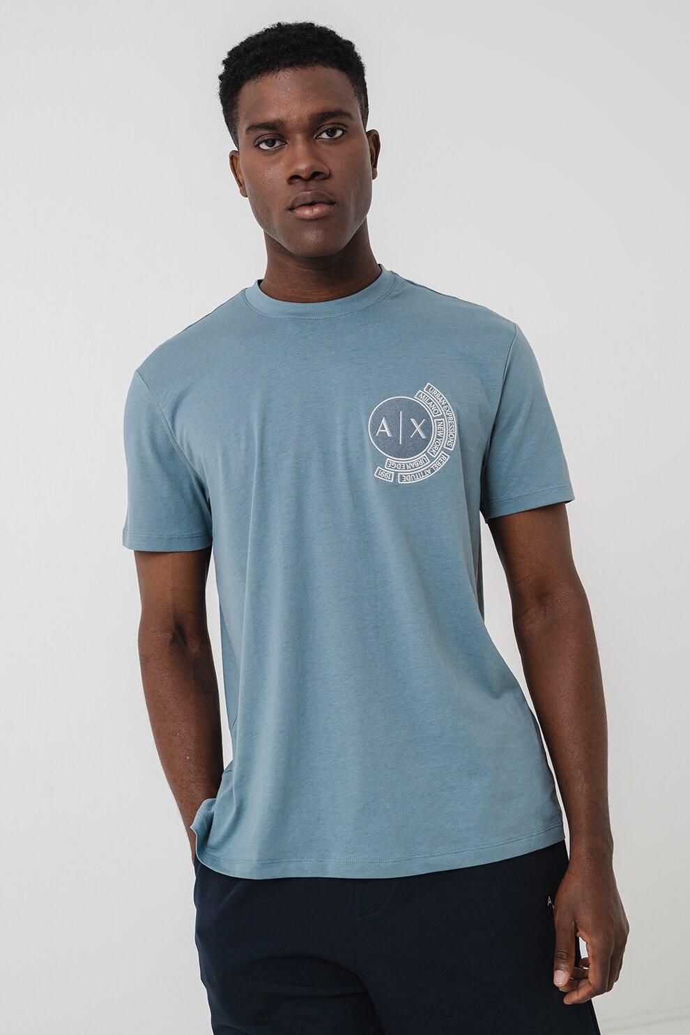 ARMANI EXCHANGE, Tricou regular-fit cu imprimeu logo pe piept, Albastru prafuit, 2XL
