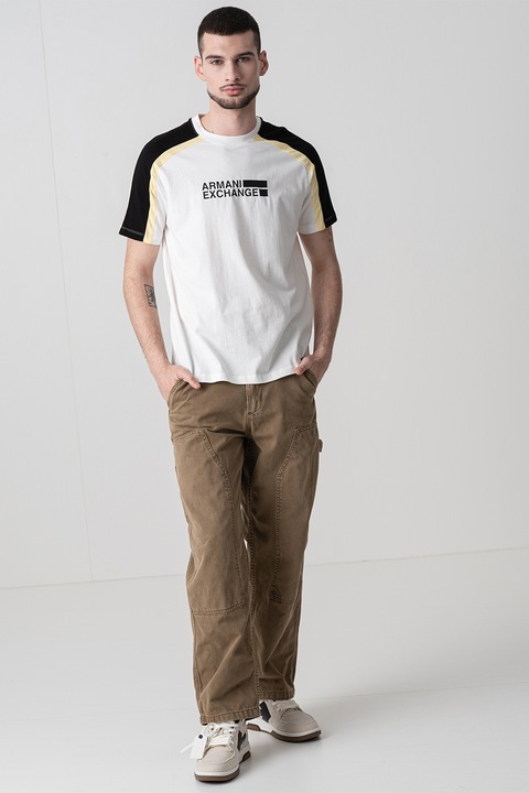 ARMANI EXCHANGE, Tricou din bumbac cu insertii contrastante, Alb/Negru/Galben