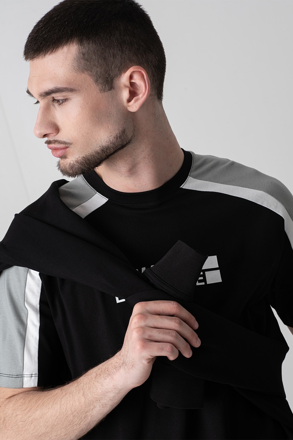 ARMANI EXCHANGE, Tricou din bumbac cu insertii contrastante, Alb, Negru, Gri cenusiu, XL