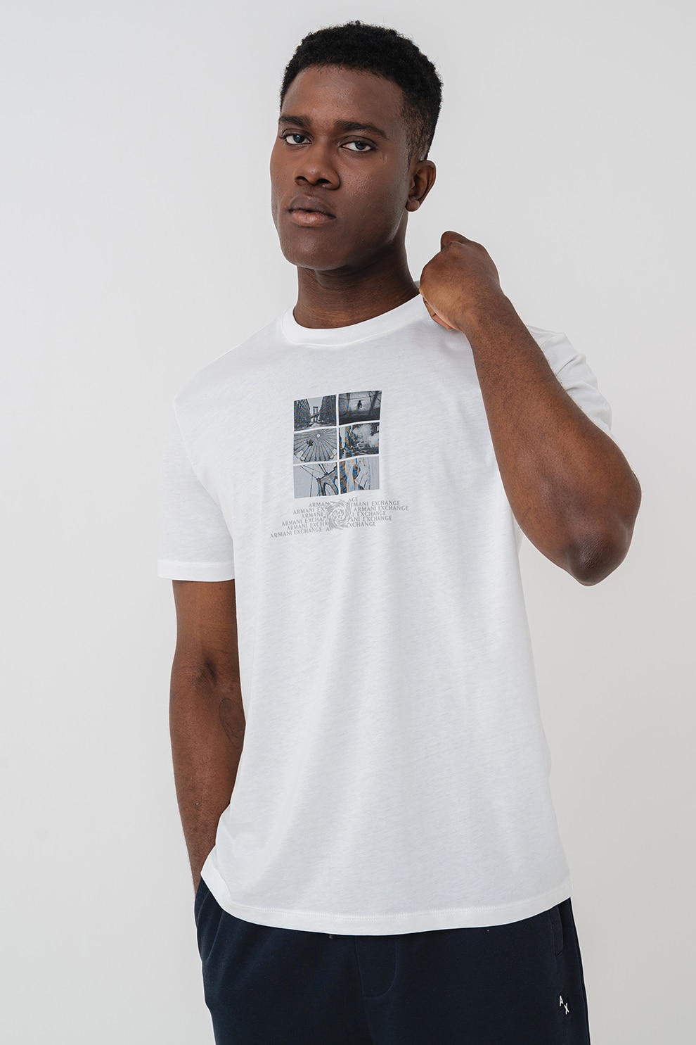 ARMANI EXCHANGE, Tricou din bumbac cu imprimeu logo si foto, Alb murdar, Gri antracit, S