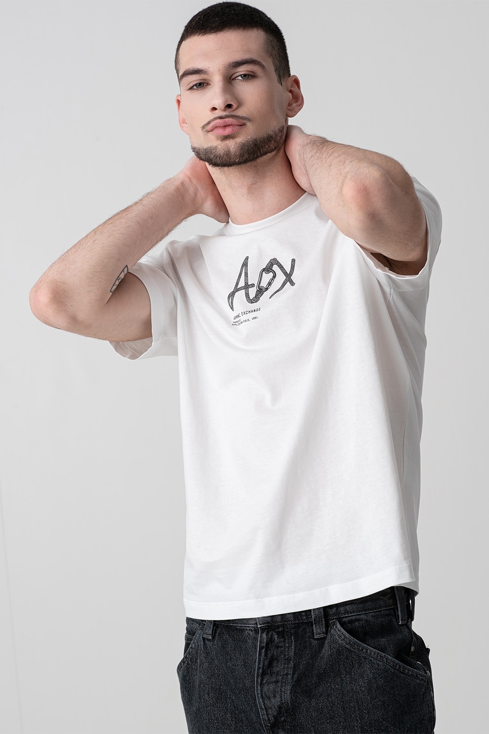 ARMANI EXCHANGE, Tricou din bumbac cu imprimeu logo, Alb, 2XL