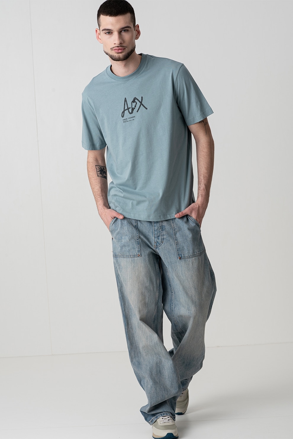 ARMANI EXCHANGE, Tricou din bumbac cu imprimeu logo, Albastru prafuit, S