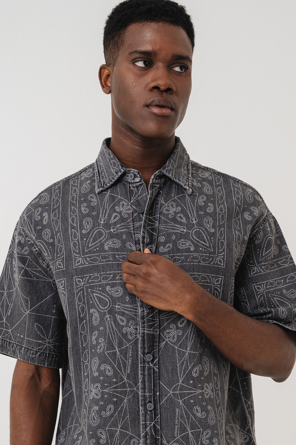 ARMANI EXCHANGE, Camasa relaxed fit de bumbac si in, Gri deschis, Gri antracit, L