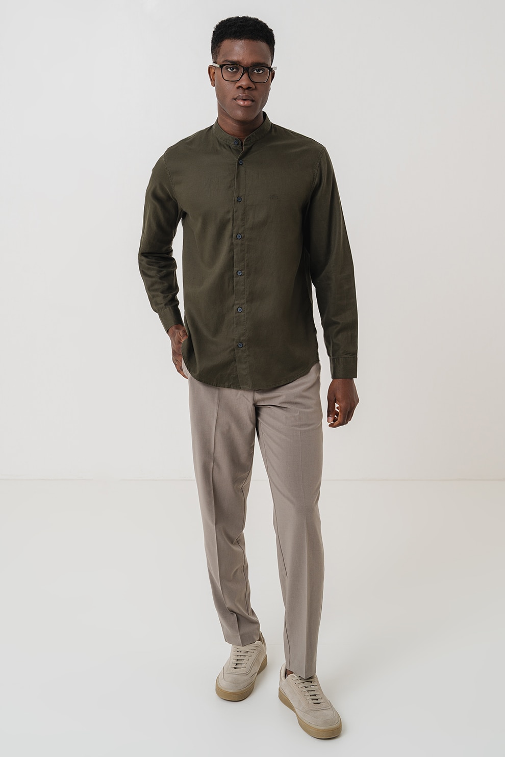 ARMANI EXCHANGE, Camasa din lyocell si amestec de in cu guler tip tunica, verde militar inchis, S