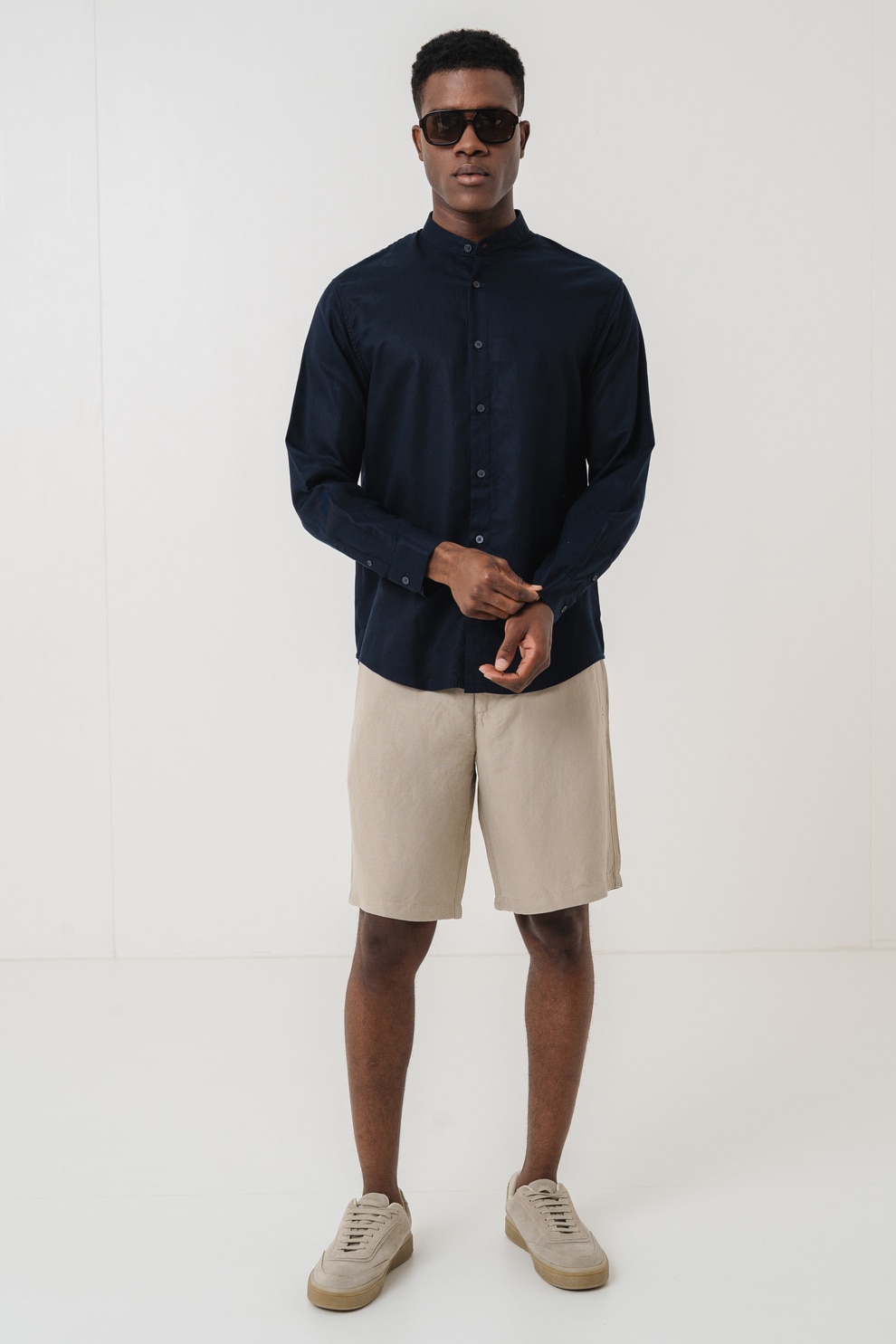 ARMANI EXCHANGE, Camasa din lyocell si amestec de in cu guler tip tunica, Albastru ultramarin, XL