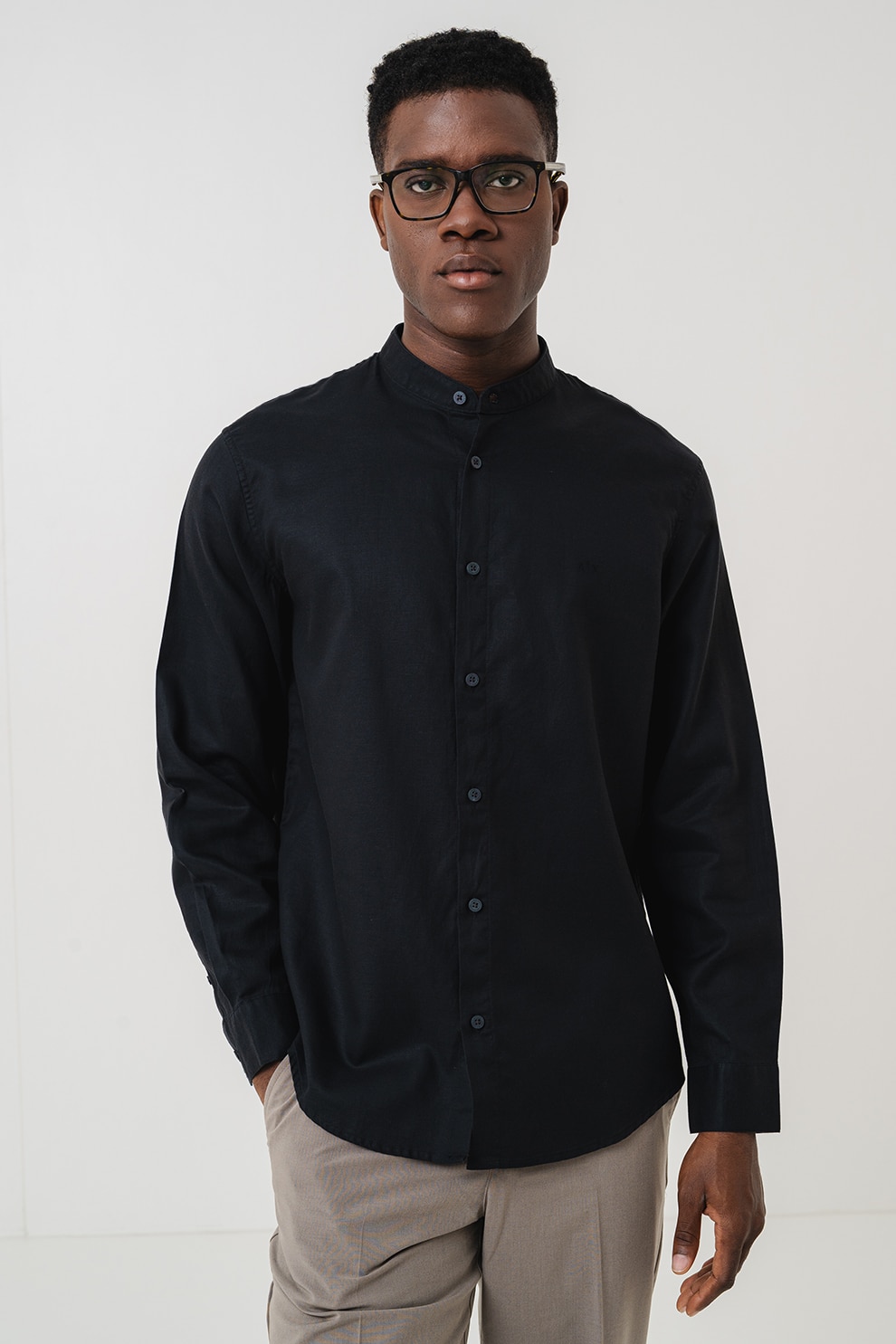 ARMANI EXCHANGE, Camasa din lyocell si amestec de in cu guler tip tunica, Negru, M