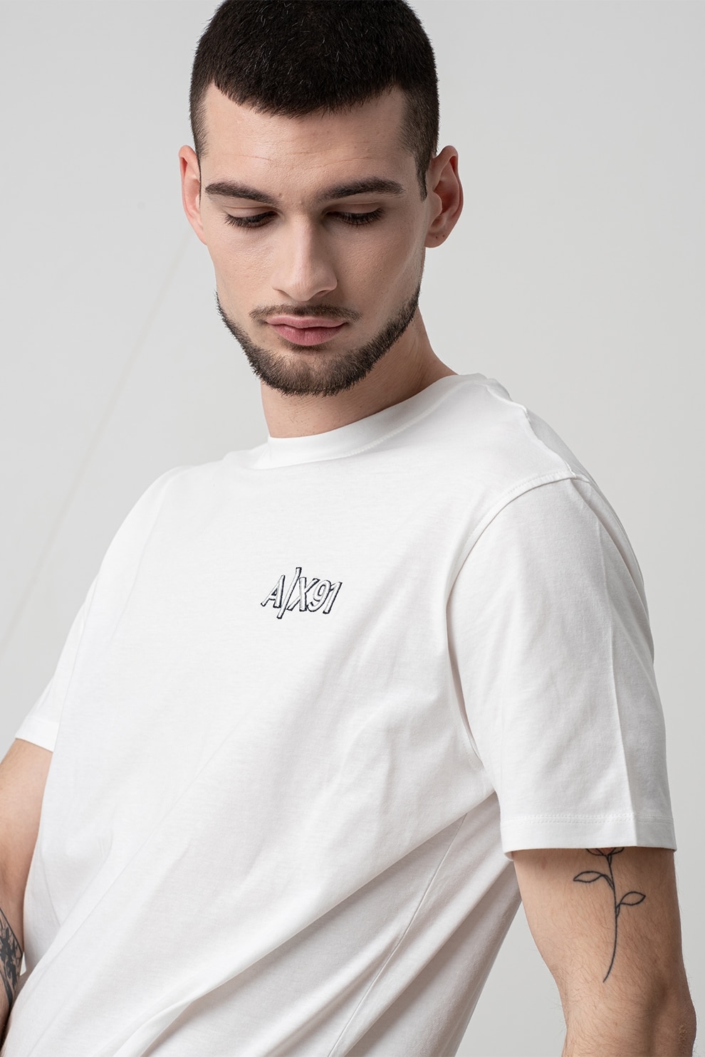 ARMANI EXCHANGE, Tricou cu decolteu la baza gatului si logo, Alb, L
