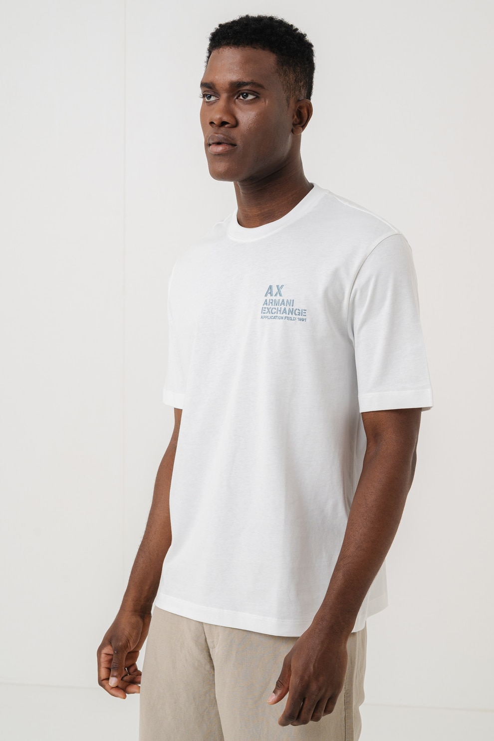 ARMANI EXCHANGE, Tricou din bumbac cu logo pe piept si decolteu la baza gatului, Alb, Albastru petrol, M