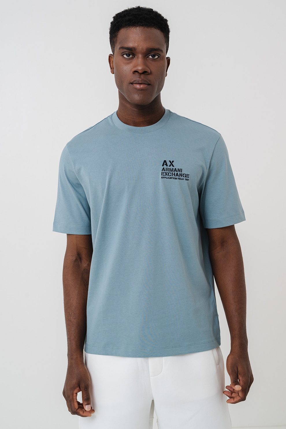 ARMANI EXCHANGE, Tricou din bumbac cu logo pe piept si decolteu la baza gatului, Verde pal, S