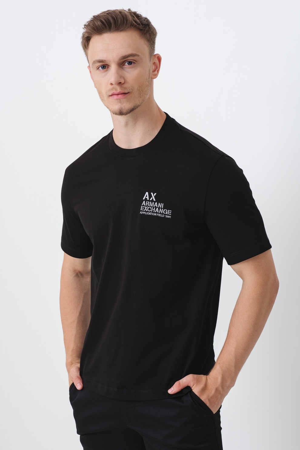ARMANI EXCHANGE, Tricou din bumbac cu logo pe piept si decolteu la baza gatului, Negru, M