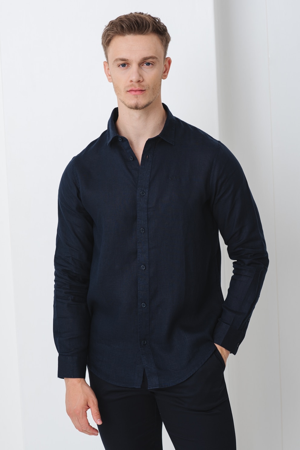 ARMANI EXCHANGE, Camasa regular fit din in, Bleumarin, S