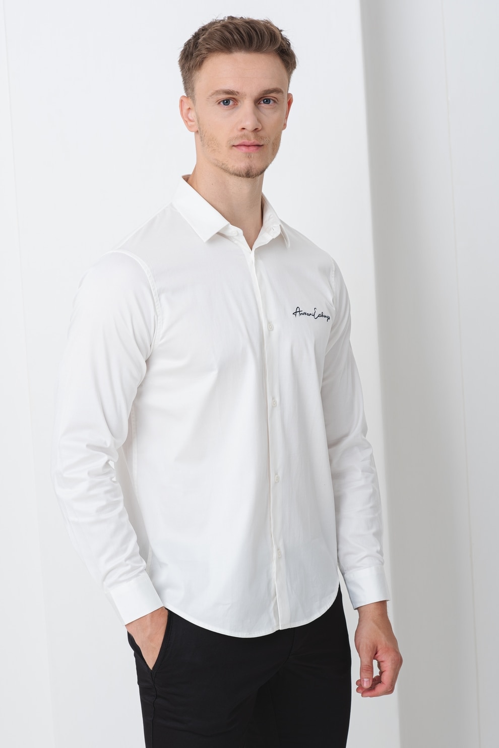 ARMANI EXCHANGE, Camasa regular fit cu logo brodat, Alb, 2XL