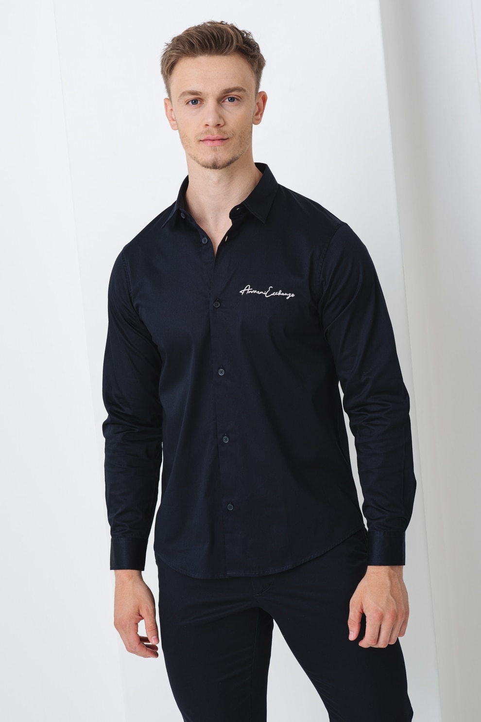 ARMANI EXCHANGE, Camasa regular fit cu logo brodat, Albastru ultramarin, S