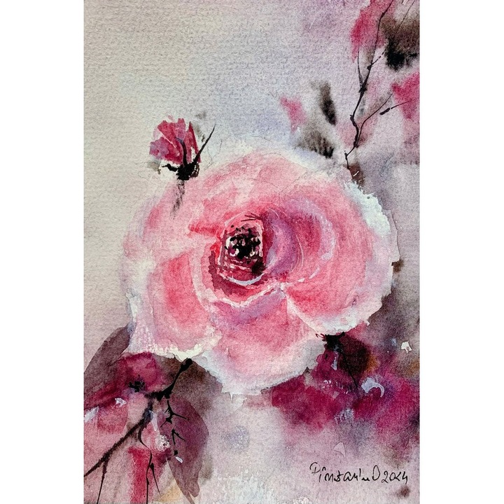 Tablou pictat manual in acuarela, Pictura Hobby, Eleganta Trandafirului Roz, 12x17cm