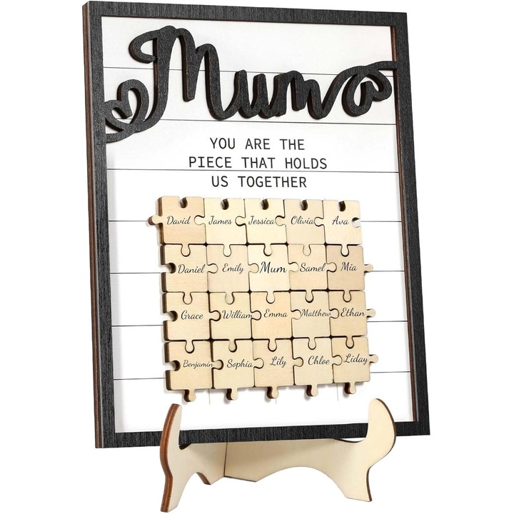 Puzzle personalizat pentru mama, 20 nume, lemn natural, cadou special