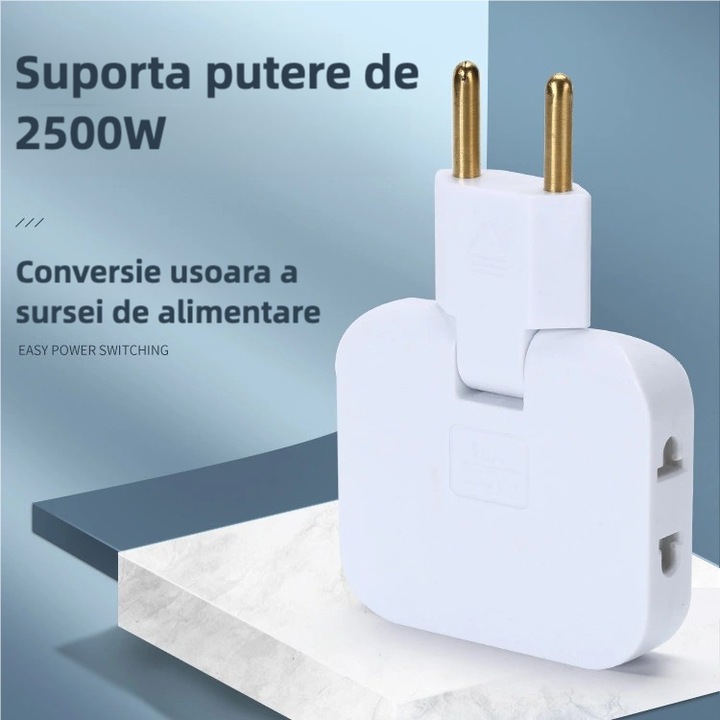 Adaptor, IMOUNTOP®, triplu stecher priza, cu rotire 180°, pentru spatii inguste, 2500W, Alb