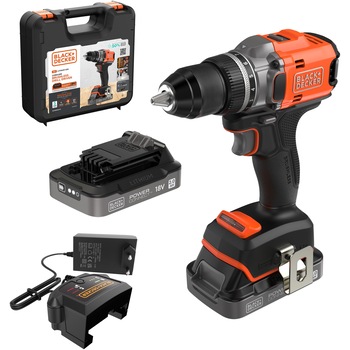 Masina compacta de gaurit si insurubat (bormasina) pe acumulator Black & Decker BLD682D2XK, motor brushless, 18 V, 1800 RPM, cuplu 50 Nm, 13 mm mandrina, 2 acumulatori Li-Ion 2 Ah, incarcator, agatatoare curea, cutie depozitare plastic