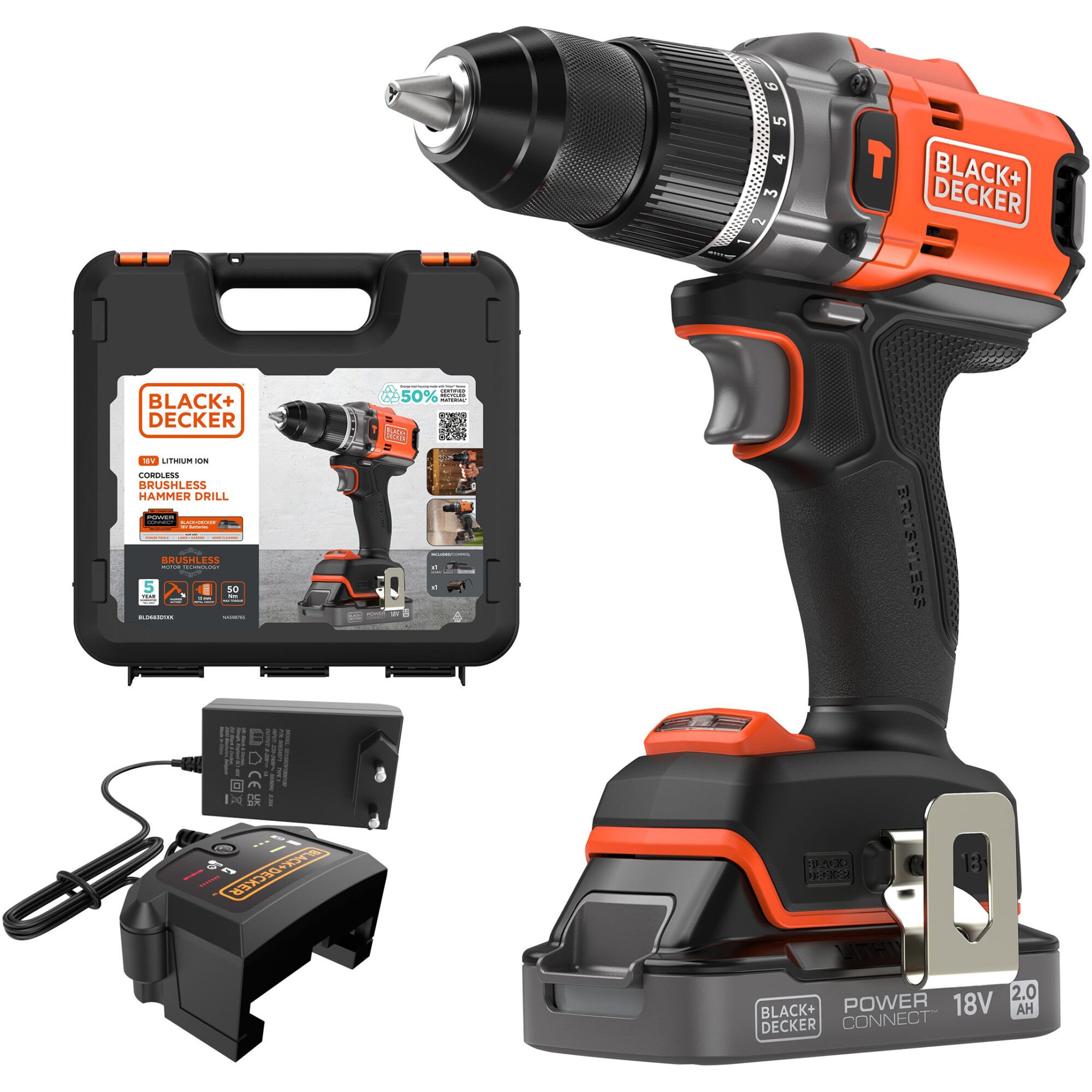 Masina compacta de gaurit si insurubat cu percutie (bormasina) pe acumulator Black & Decker BLD683D1XK, motor brushless, 18 V, 1800 RPM, cuplu 50 Nm, 13 mm mandrina, 1 acumulator L