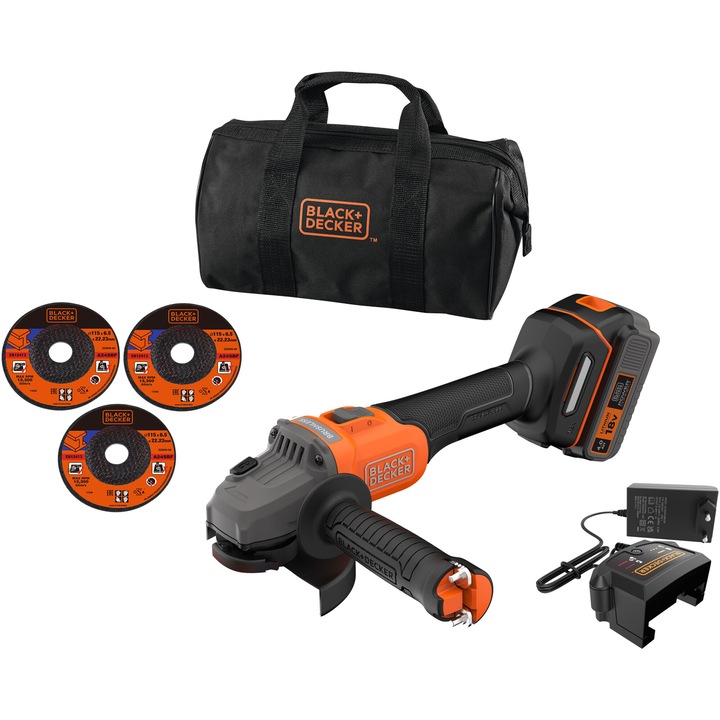 Polizor unghiular (flex) pe acumulator Black & Decker BCG6L8F1S, motor brushless, 18 V POWERCONNECT, turatie 7600 RPM, disc 115 mm, soft start, 1 acumulator Li-Ion 4 Ah, sistem protectie cu eliberare rapida, ergonomic, 3 discuri, geanta transport