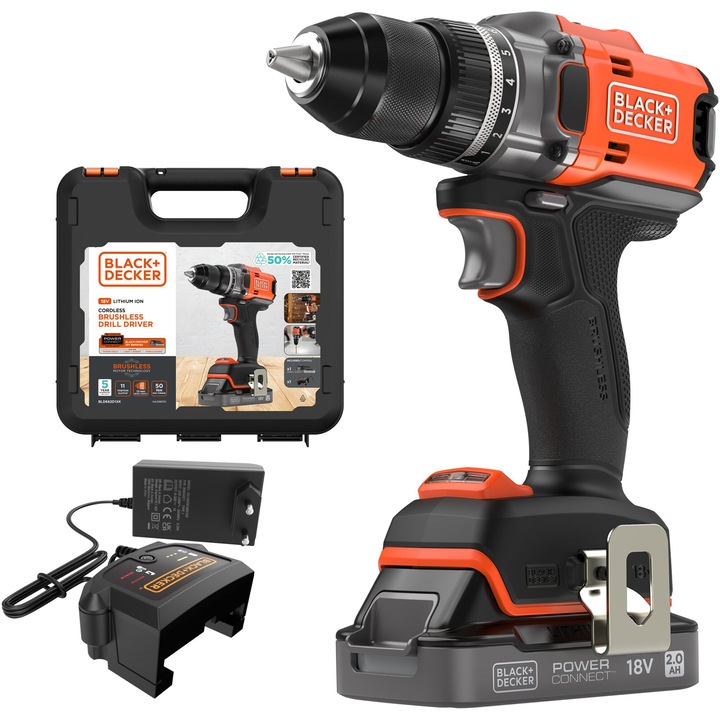 Акумулаторна бормашина Black & Decker BLD682D1XK, Безчетков мотор, 18 V, 1800 об/мин, Въртящ момент 50 Nm, 13 мм патронник, 1 Li-Ion батерия 2 Ah, Зарядно устройство, Щипка за колан, Пластмасова кутия за съхранение