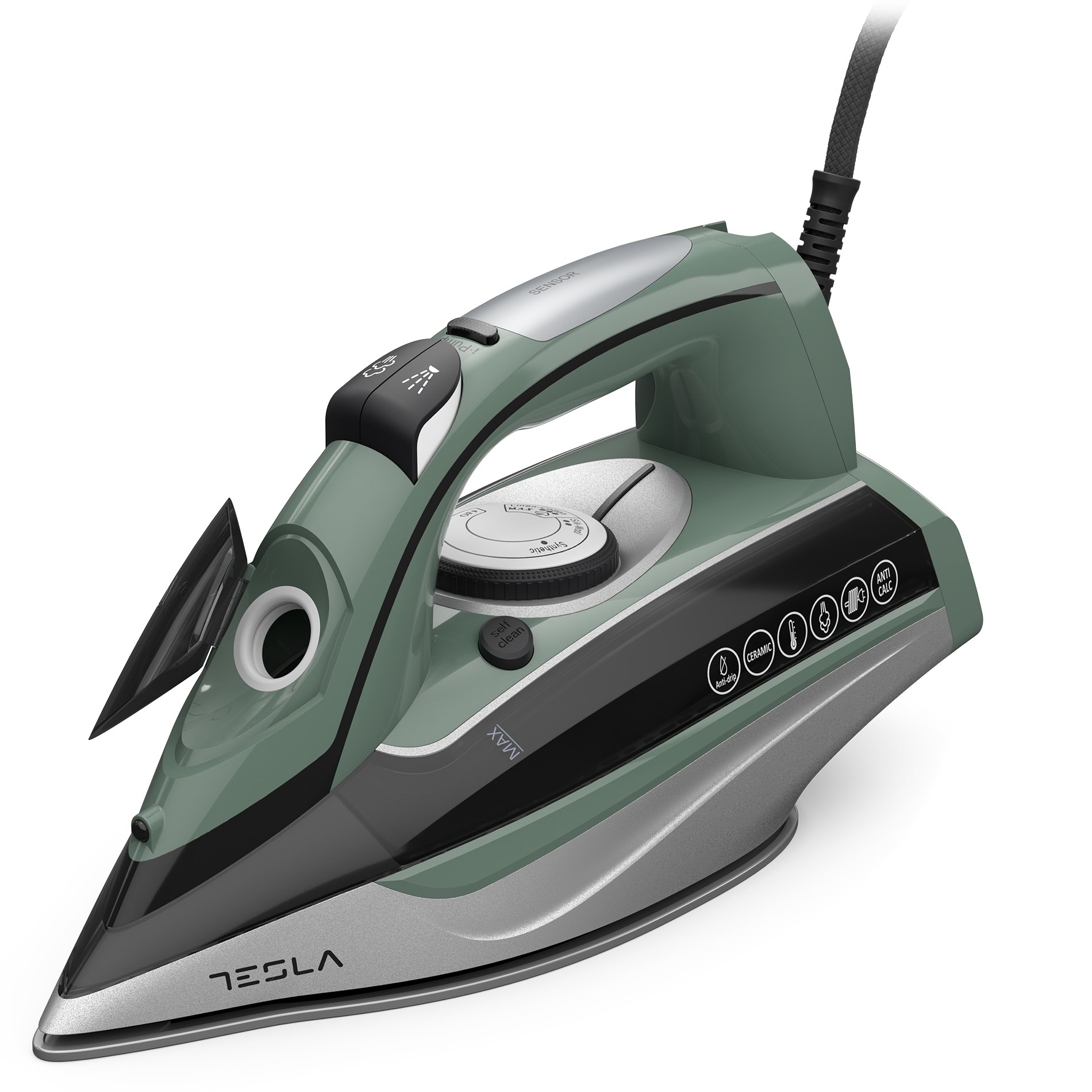 Fier de calcat cu iPump, Tesla IR600BGP, 3000 W, sensor maner, abur vertical, rezervor 400 ml, 65g/min, autocuratare, oprire automata, cablu 2.5 m, verde