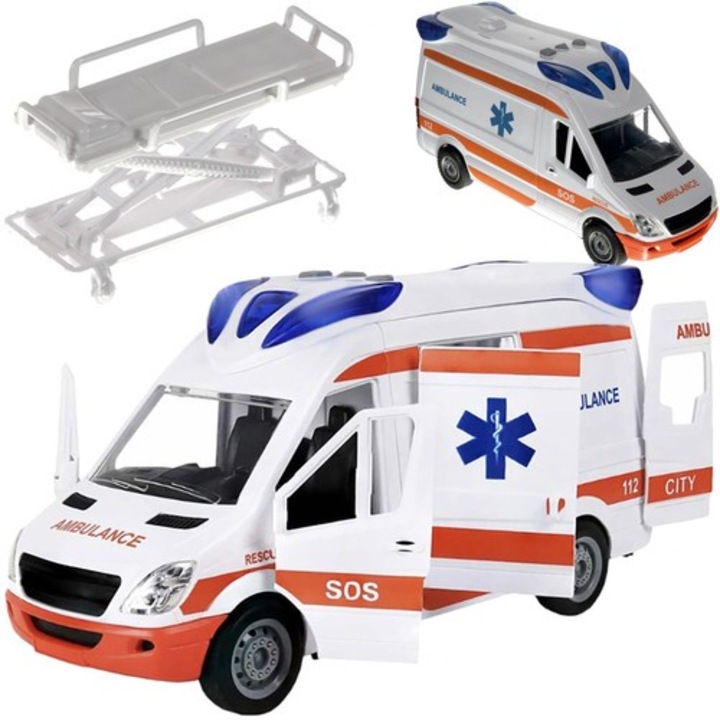 Ambulanta Interactiva VarioShop®, cu Efecte Luminoase si Sonore, Usi Mobile, Targa Pliabila, Alimentare cu Baterii, Stimuleaza Imaginatia, 25 x 12 x 8 cm, Alb