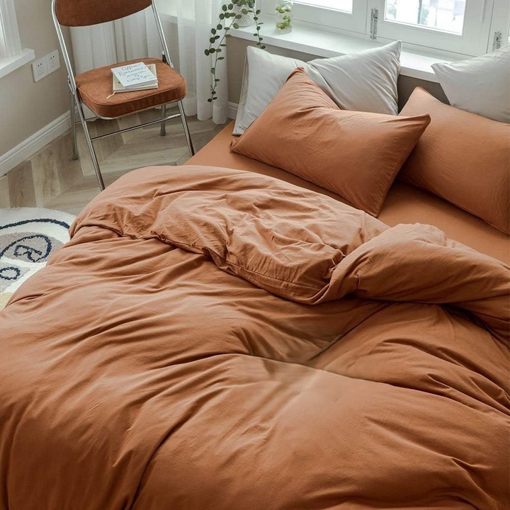 Set husa de pilota 140 x 200 cm, cu 1 husa perna 70 x 70 cm, culoare caramiziu, cu inchidere cu fermoar