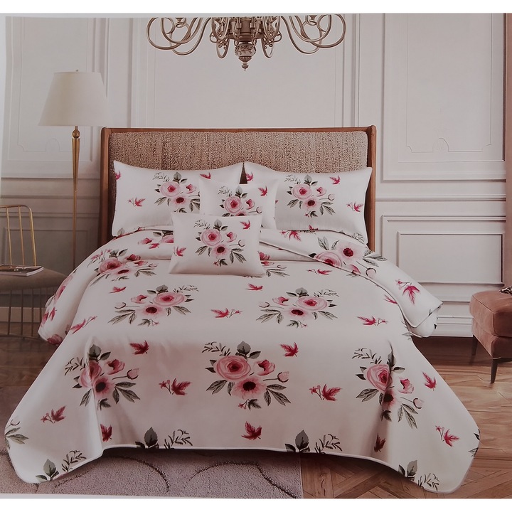Lenjerie de Pat Dublu de Lux pentru 2 persoane din Finet 6 Piese, cu elastic, Model cu Flori pe un fundal alb, Dimensiune 200X230 cm