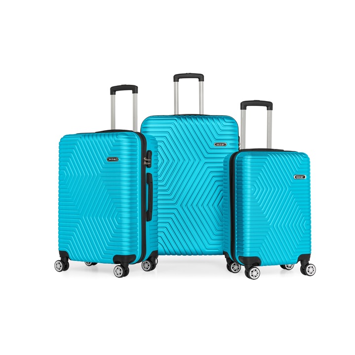 Set complet 3 trolere pentru vacanta, Bezubi POLO, bagaj cabina si cala, maner telescopic, 4 roti duble silentioase, rotire 360°, inchidere cu fermoar si cifru, compartimentare cu buzunar, material ABS Anticasabil, turcoaz