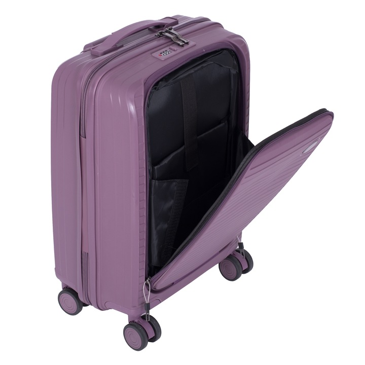 Troler cabina avion, cu buzunar frontal, Marime S, 55x36x20 cm, 4 roti cu rotatie 360° silentioase, material Polipropilena special flexibil anti-casabil, Mov, 166, CASLON ®