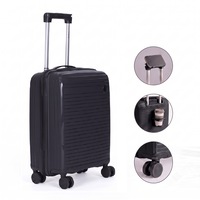 Troler cabina avion Polipropilena flexibil, Anti-casabil, 55x36x20 cm, troller cu fermoar antifurt, bagaj de mana, cu suport telefon si pahar integrat pliabil, valiza cu cifru, geamantan cu 4 roti duble detasabile, 10kg, Negru, 166, CASLON ®