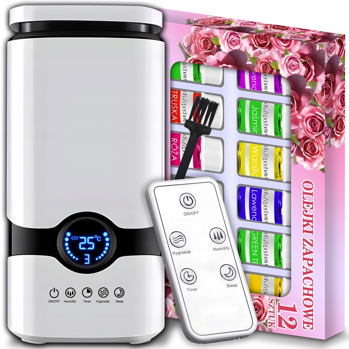INTMIX ултразвуков овлажнител за въздух, с ароматерапевтичен дифузер, за йонизация, с дистанционно управление, 4L резервоар, капацитет на овлажняване: 350 ml/h, 28W, максимална покрита площ 150m2, бял