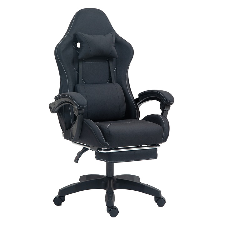 Scaun gaming B1, negru, functie sezlong cu suport picioare, textil negru