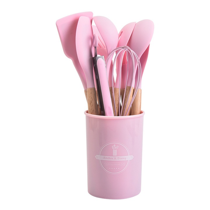 Set ustensile de bucatarie, 12 piese, silicon, manere din lemn, roz