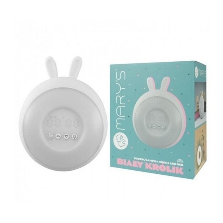 Éjjeli lámpa RGB LED ébresztőórával, nyuszi, Mary's, fehér, 151x101x182mm