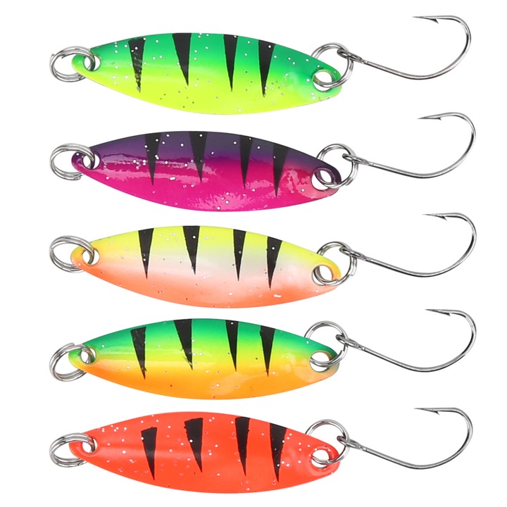 Set 5 Lingurite colorate pentru pastrav Enforse, momeala metalica tip Crankbait, lingura tare, Spinner, naluca cu un singur carlig