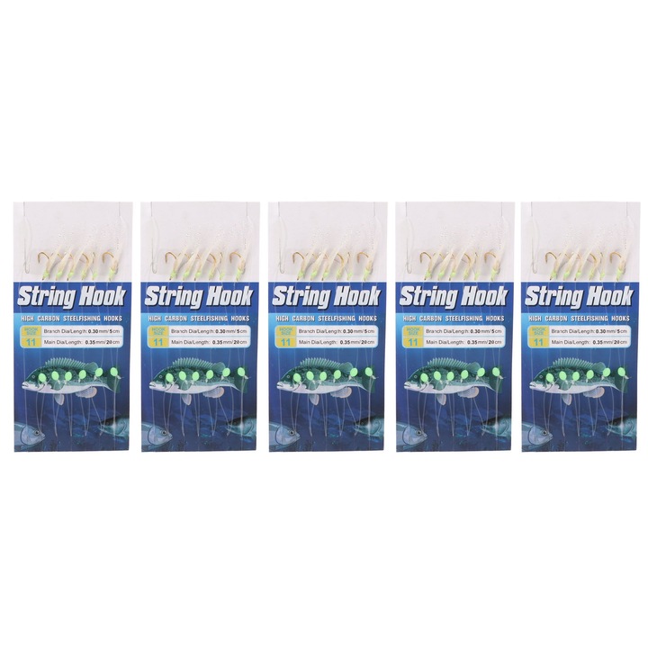 5 db világító horgászfelszerelés, horgászkötél, szénacél horogsor 6 horoggal, 11-es méret