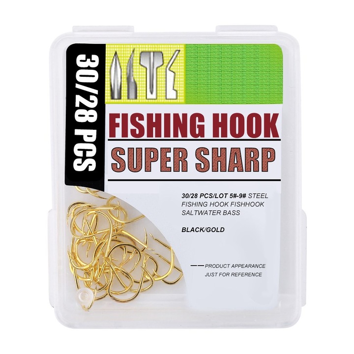 28 darabos acél horgászhorog készlet 5#-9#, lapos hossz, hegyes hegy, arany színben