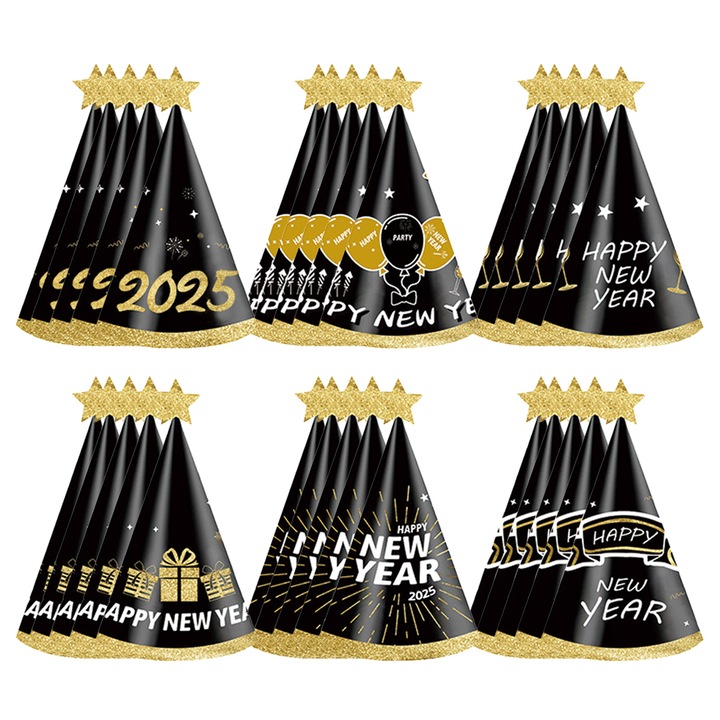 Set accesorii petrecere Anul Nou, Enforose, ochelari si palarii, negru auriu, 2025