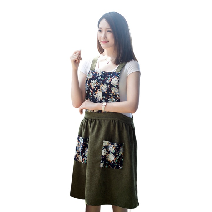 Кухненска престилка Enforose, 2 джоба, Флорален десен, Винтидж, Среден размер, Многоцветна